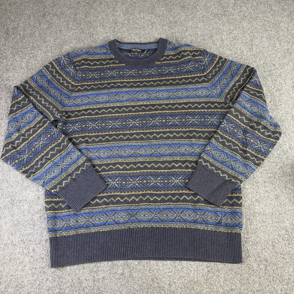 Nautica Sweater Mens L 100% Cotton Fair Isle Geometric Blue Crewneck Pullover